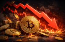 Bitcoin price dropping with red arrow indicating long-term holder sell-off March 2026