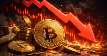 Bitcoin price dropping with red arrow indicating long-term holder sell-off March 2026