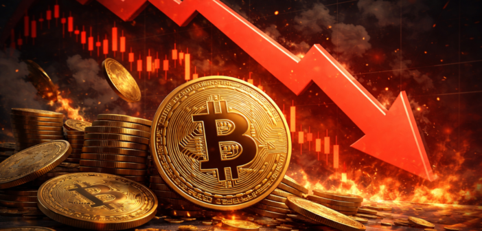 Bitcoin price dropping with red arrow indicating long-term holder sell-off March 2026