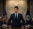 AI illustration of a Federal Reserve chair standing at the head of a boardroom table with the Federal Reserve seal and American flag in the background