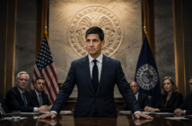 AI illustration of a Federal Reserve chair standing at the head of a boardroom table with the Federal Reserve seal and American flag in the background
