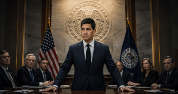 AI illustration of a Federal Reserve chair standing at the head of a boardroom table with the Federal Reserve seal and American flag in the background