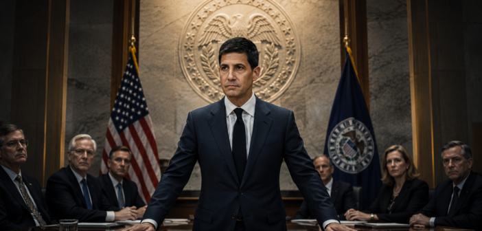 AI illustration of a Federal Reserve chair standing at the head of a boardroom table with the Federal Reserve seal and American flag in the background