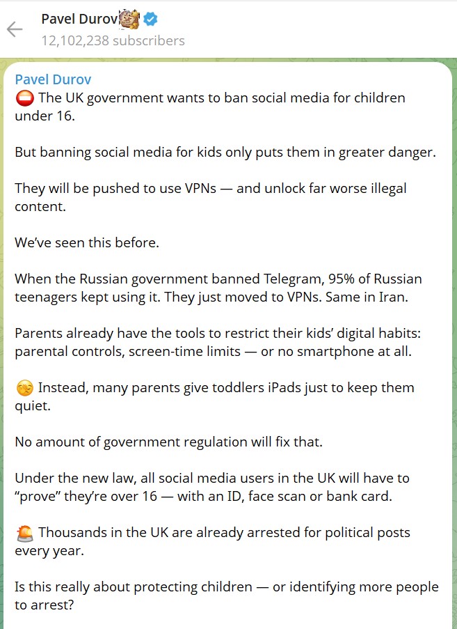 The UK Wants to Ban Social Media for Children – Durov Says It Will Make Things Worse